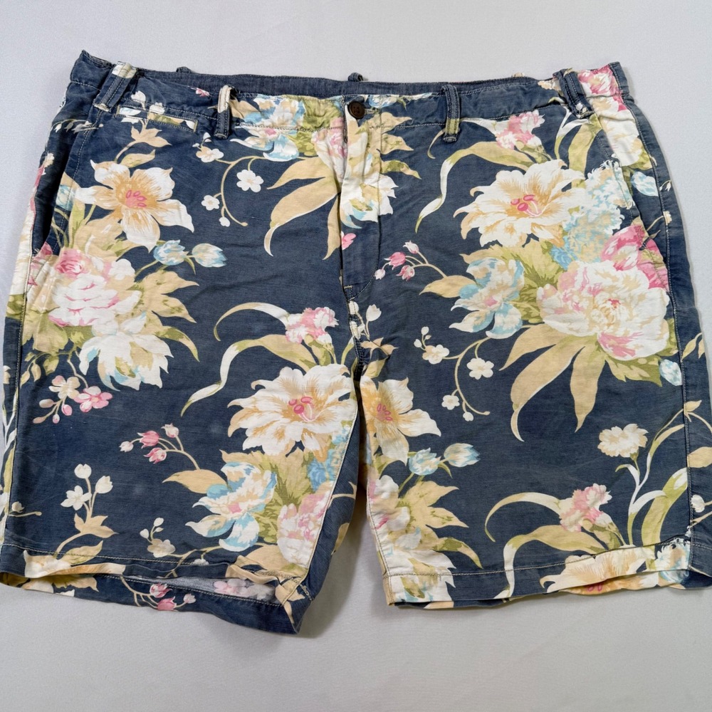 Polo Ralph Lauren Shorts Mens 42 Blue Floral Linen Cotton Straight Fit Beachwear